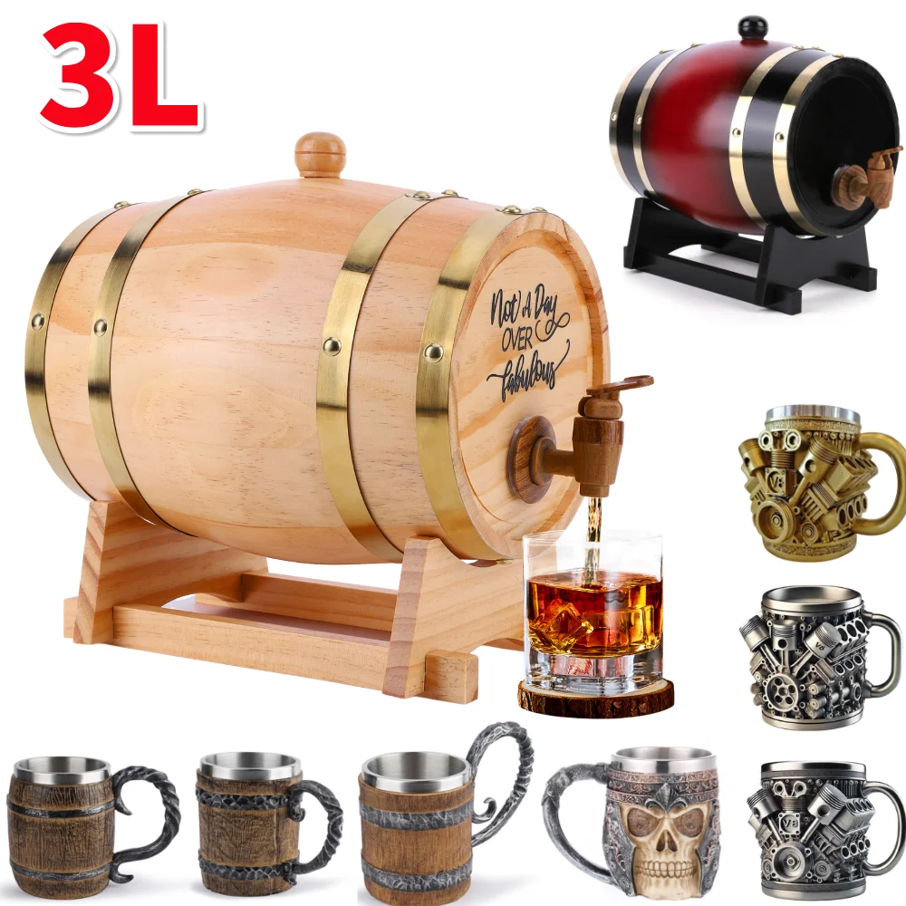 Wine Beer Tequila - 3L Whiskyfass aus Holz mit Ständer,